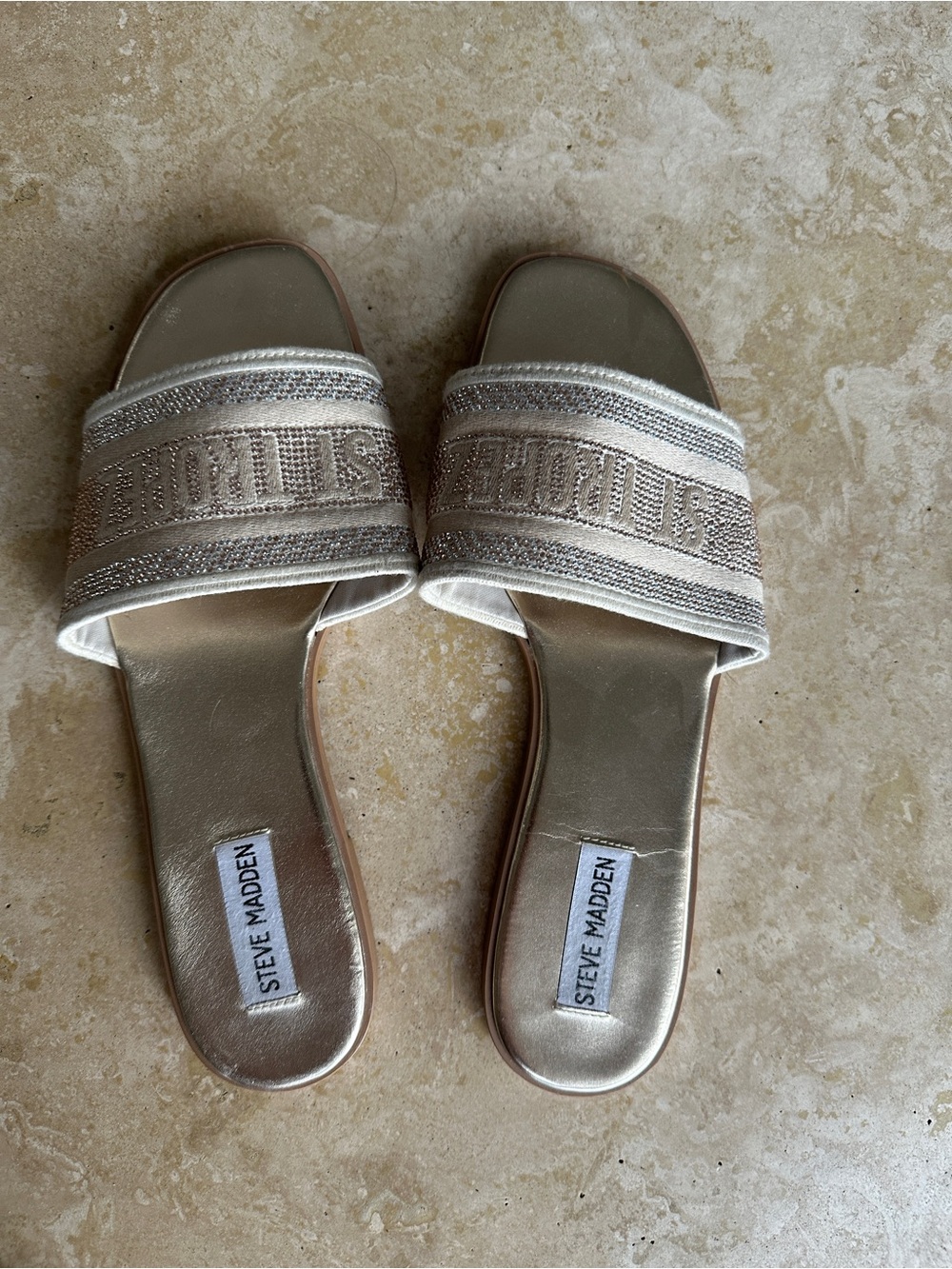 Steve Madden Metallic Beige Slide Sandals with Embellished Straps
